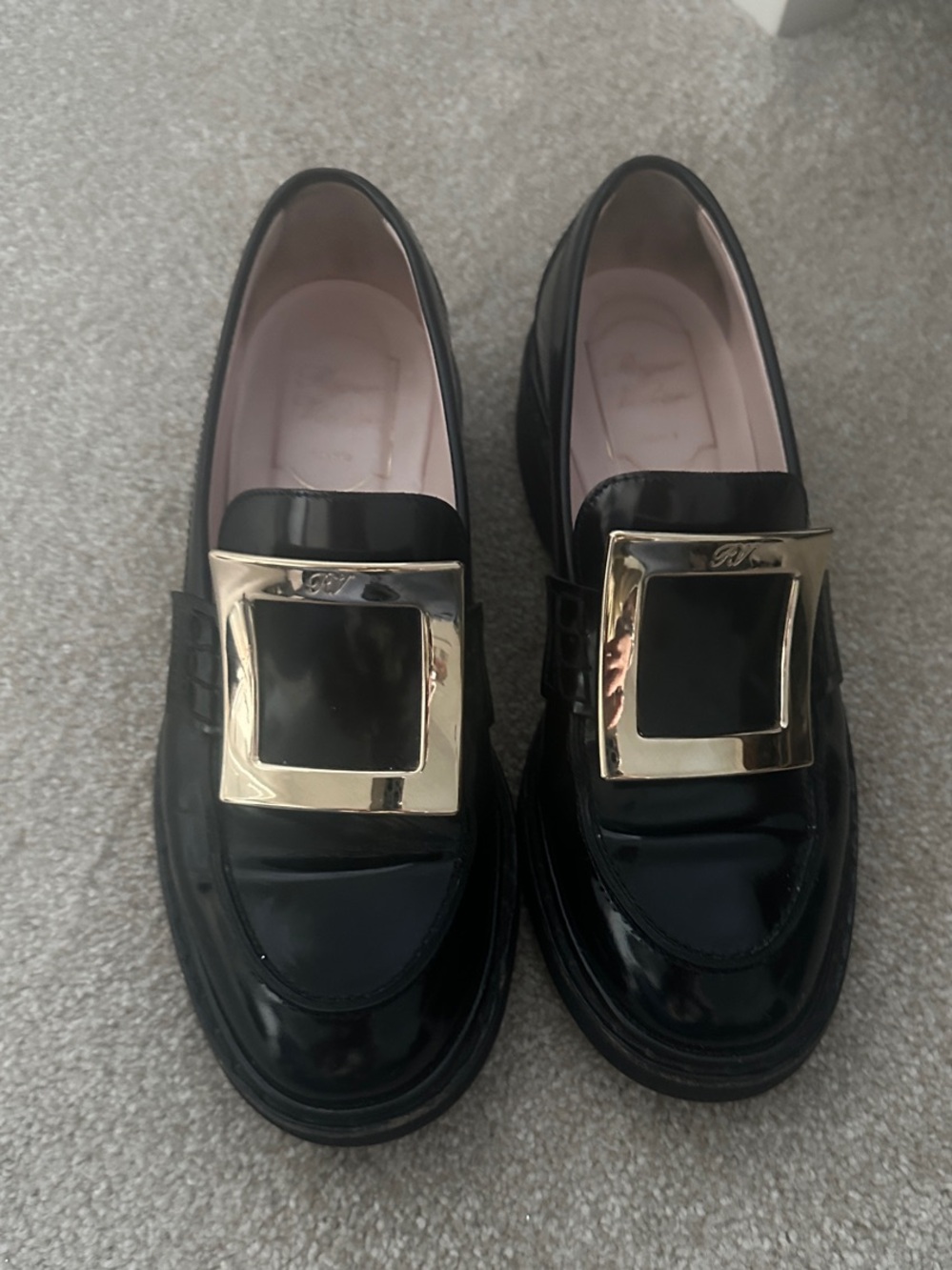 Roger Vivier Black Patent Leather Loafers with Gold Buckle